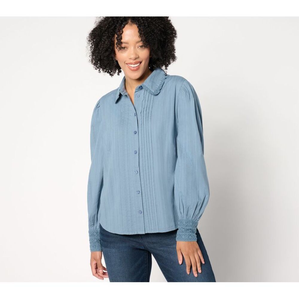 Me by Jennie Garth Women's Top Sz S Aubrey Woven Blouse Crochet Trim Blue